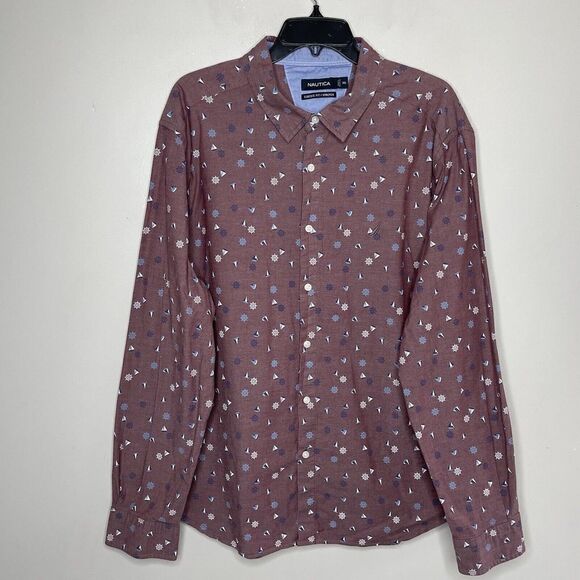 NAUTICA Shirt Mens XXL Red Nautical Print Button Up Classic Fit Stretch Sailboat - Picture 1 of 5